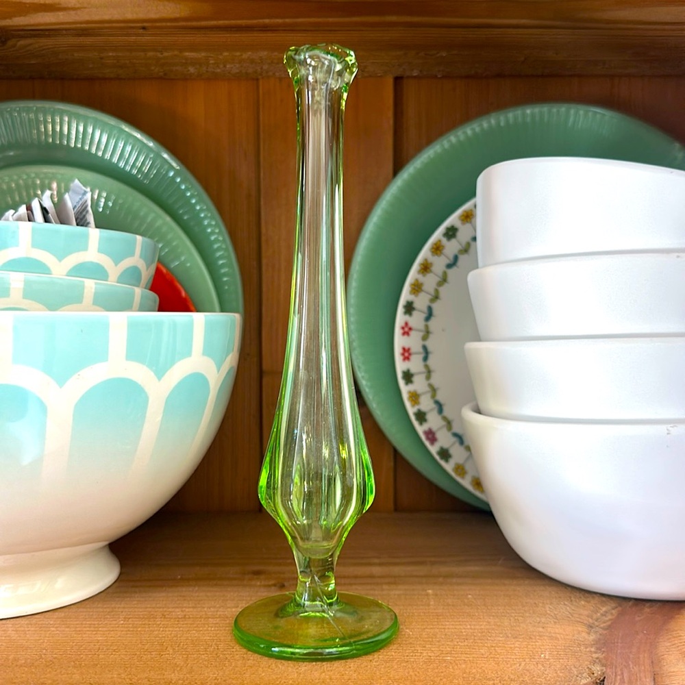 Fenton Uranium Vaseline Green Glass Swung Bud Vase 8 1/2”